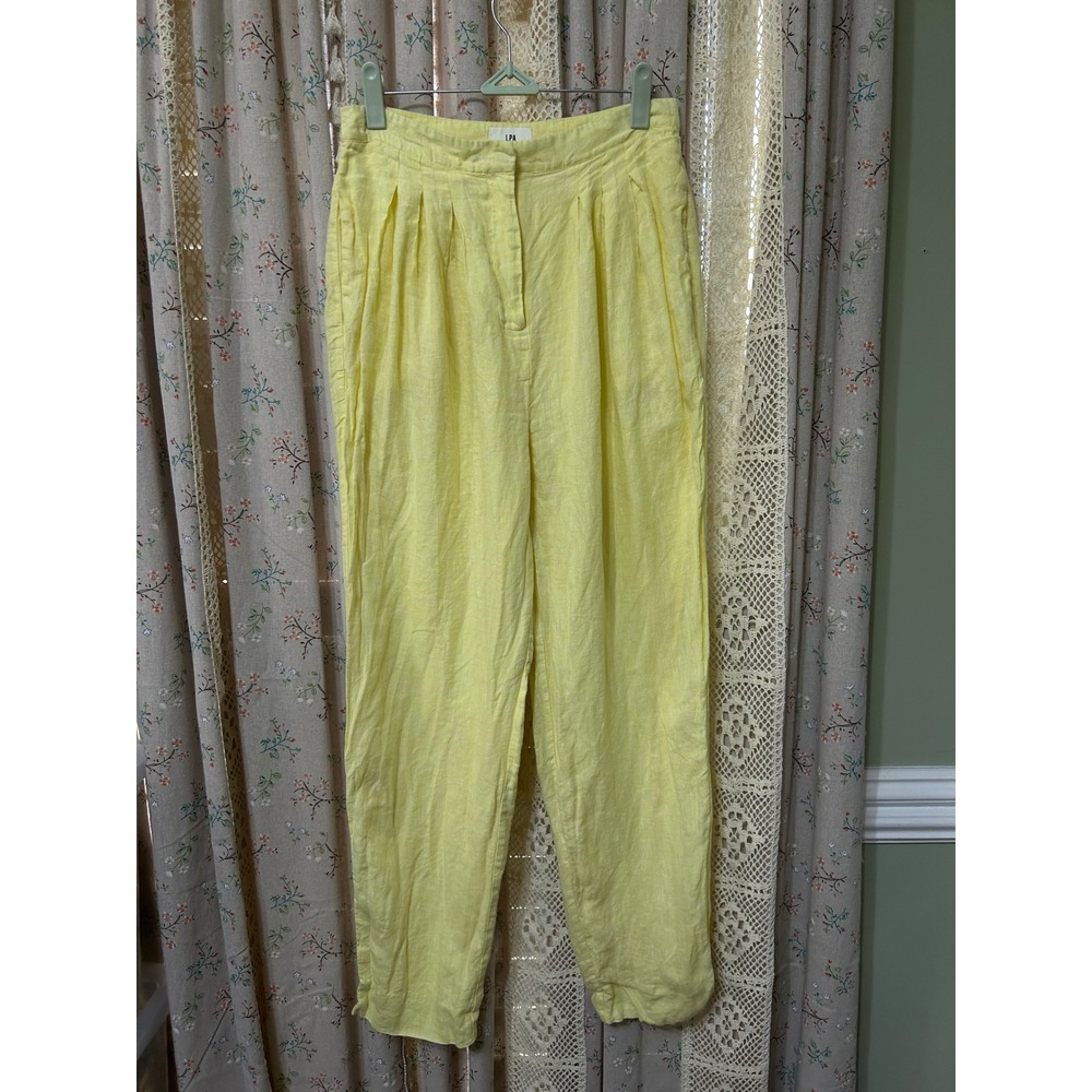 LPA Yellow 100% Linen Pleated Tapered Pants Pockets Lined Medium